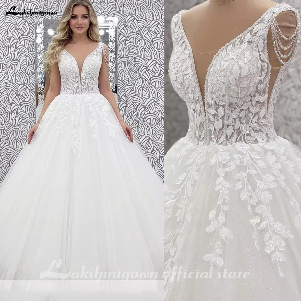 Lakshmigown V-Neck Wedding Dress with Beads Tassel Shoulders Illusion Long Bridal Dresses Lace Up Back Customized