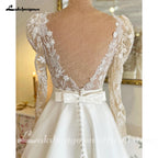 Lakshmigown Mikado A Line Satin Wedding Dress Customized Women Civil Beach Bridal Gowns Lace Beading Long Sleeves Robe de marie