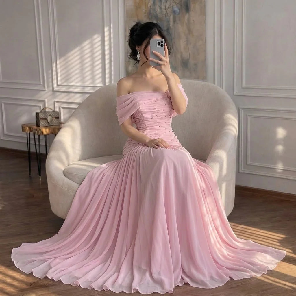 Serene Hill Pink Chiffon Mermaid Evening Gowns 2026 Elegant Mermaid Off-Shoulder Pleated Ruched Prom Dresses LA73347 Customized