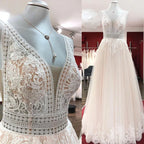 Lakshmigown Boho Champagne Wedding Dresses Lace Appliques V Neck Sleeveless Sweep Train Bridal Dress Customized