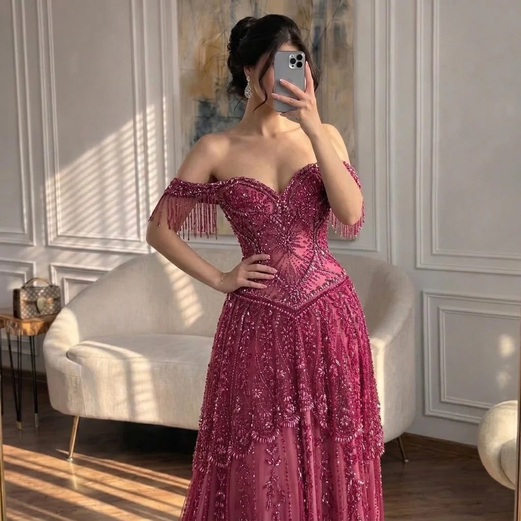 Serene Hill 2026 Off-Shoulder Fuchsia Beaded Evening Dress Elegant Wedding Party Gown for Women DLA73594 Customized