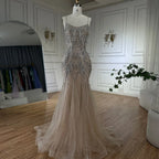 Robe de soirée sirène luxueuse en cristal rose nude avec franges LA72772