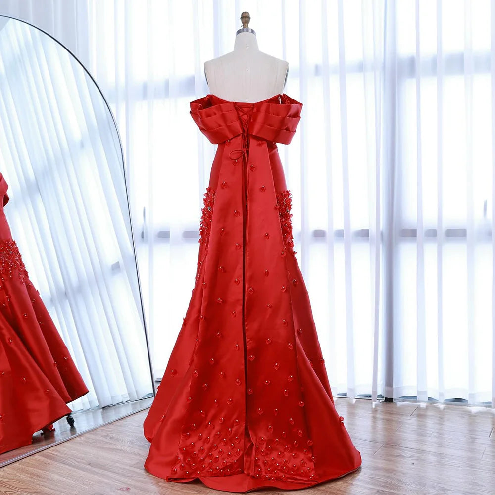 Serene Hill Customized Elegant Red Off-Shoulder Evening Gowns with Floral Satin Arabic Party Prom Dress for Women DLA72483