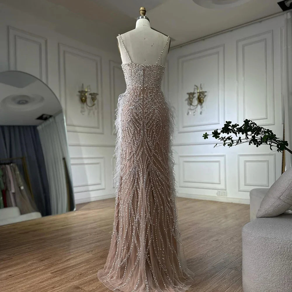 Serene Hill White Nude Spaghetti Strap Feathers Beaded Mermaid Evening Dress Party Gown for Women DLA72823 Customized