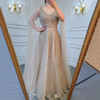 Customized Pink A-Line Cape Sleeves Luxury Beaded Evening Dresses Party Gowns For Women Wedding | Nightbubo