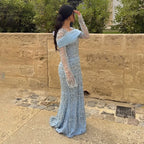 Serene Hill Blue Mermaid Beaded Evening Dresses with Detachable Sleeves Elegant Party Gowns for Women DLA72714 Customized