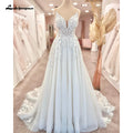 Lakshmigown Plunging V Neck A-Line Lace Tulle Sleeveless Wedding Dress Lace Bridal Gown Boho Country Beach Princess Wedding Gown