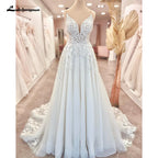 Lakshmigown Plunging V Neck A-Line Lace Tulle Sleeveless Wedding Dress Lace Bridal Gown Boho Country Beach Princess Wedding Gown