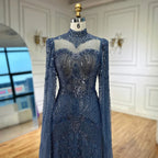 Abito da sera modesto lussuoso blu sirena con mantella LA73006