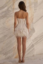 Lakshmigown Short Mini Feathered Wedding Dress Sparkly Reception Customized Strapless Bridal Gown No Gloves New Arrival Bride We