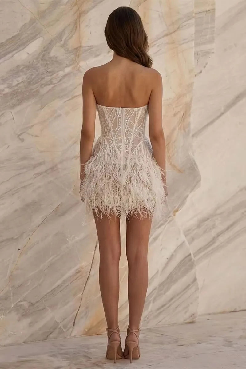 Lakshmigown Short Mini Feathered Wedding Dress Sparkly Reception Customized Strapless Bridal Gown No Gloves New Arrival Bride We