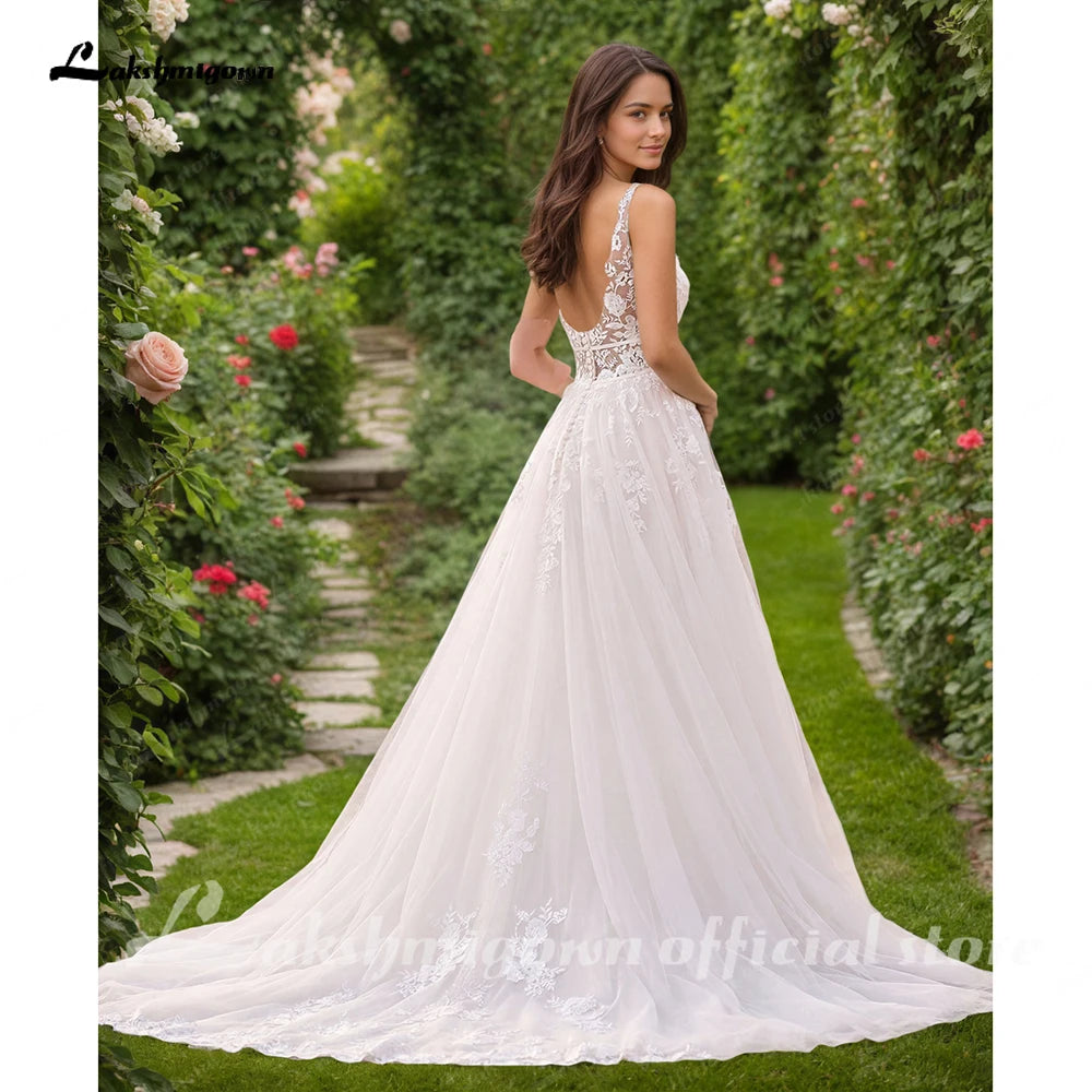 Lakshmigown A Line Plunging V Neck Wedding Dress with Flowy Tulle Skirt for Bridal Reception Elopement Outdoor Street