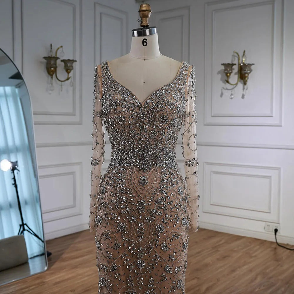 Serene Hill Turquoise V-neck Long Sleeve Mermaid Beaded Evening Dresses 2025 Luxury Party Gowns for Women DLA73042 Customized