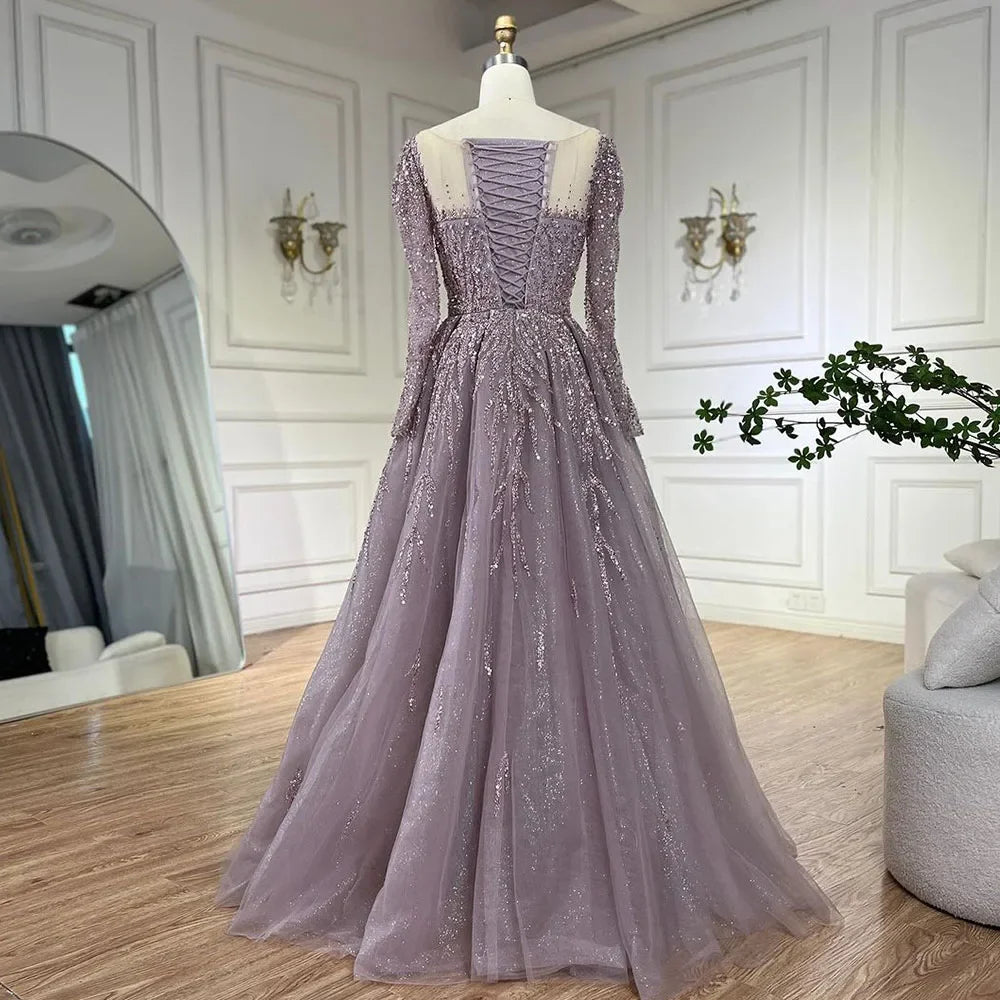 Serene Hill Customized Pink Long Sleeves A Line Beaded Dubai Evening Dresses Party Gowns 2025 For Women Wedding DLA71915