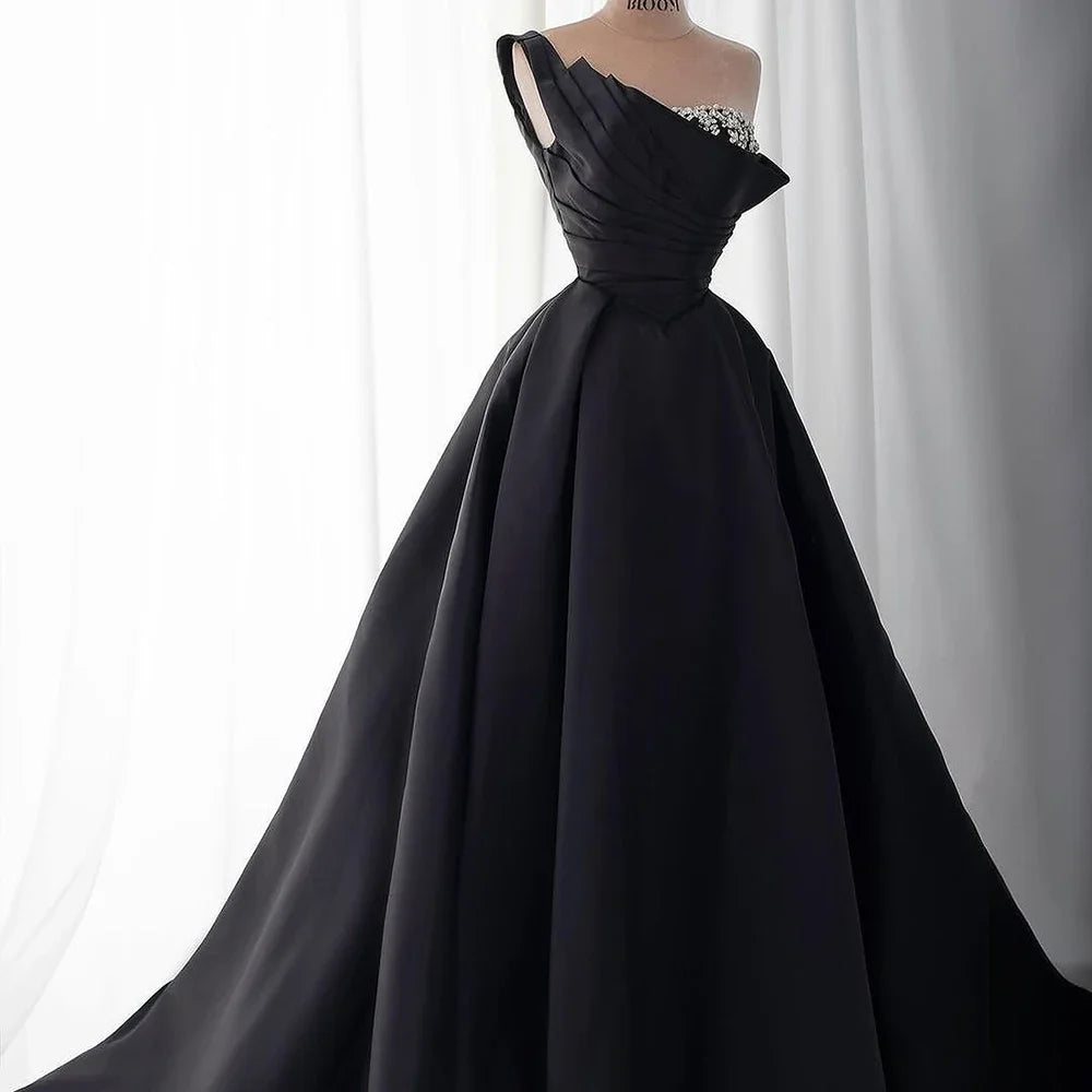 Serene Hill 2025 Elegant Black One-Shoulder A Line Beaded Evening Dresses Gowns with Sleeveless For Party DLA72741 Customized