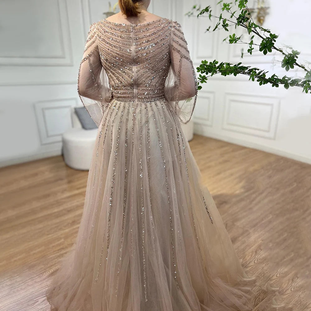 Serene Hill Customized Navy Long Sleeves A-Line Beaded Arabic Evening Dresses Gowns 2024 For Women Wedding Party DLA71867