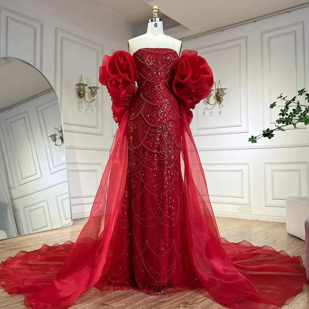 Serene Hill Red Strapless Mermaid Pearls Beaded Evening Dress with Cape Wedding Party Gowns for Women  DLA72585 Customized