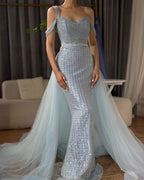 Serene Hill Gold Mermaid Elegant One Shoulder Overskirt Beaded Luxury Evening Dresses Gowns 2025 For Women Wedding Party LA72453