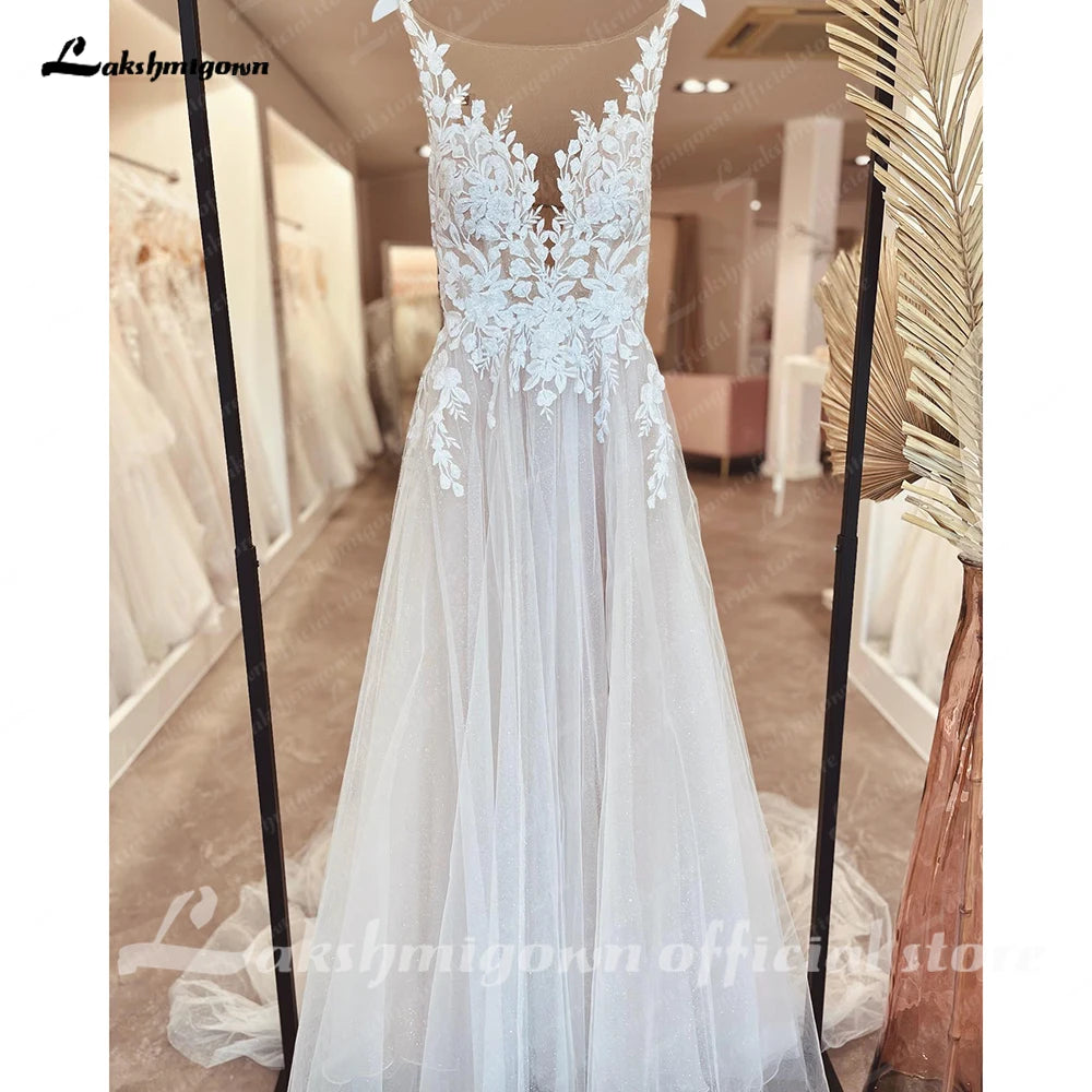 Lakshmigown Illusion Wedding Dress Sleeveless Backless O-Neck Bride Dress See Through Appliques Formal Robe De Marie