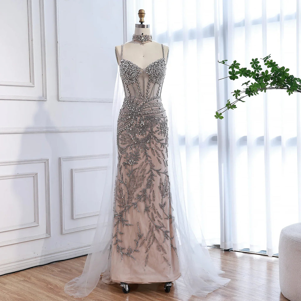 Serene Hill Silver Nude Mermaid Beaded Evening Dress with Cape DLA73342 Wedding Party Gowns for Women 2026 Customized