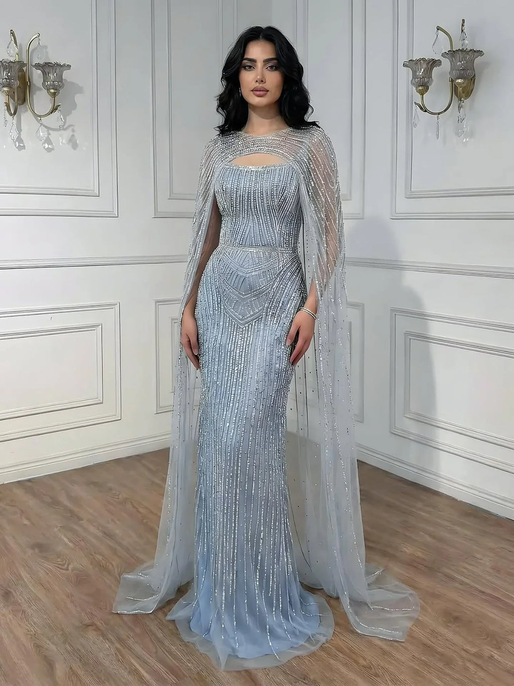 Abito da Sera con Mantella Blu Diamante di Lusso LA73426