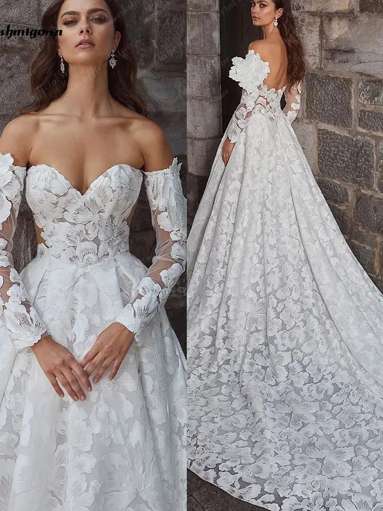 Lakshmigown Luxury Wedding Dress for Woman Bride Ivory Lace A Line Wedding Gowns With Sleeves Bridal Dres Customized