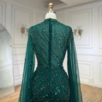 Serene Hill Customized Caramel Mermaid Beaded Cape Sleeves Evening Dresses 2024 Dubai Party Gowns for Women Wedding DLA71885A