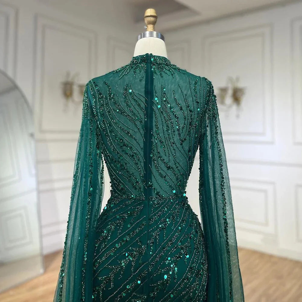 Serene Hill Customized Caramel Mermaid Beaded Cape Sleeves Evening Dresses 2024 Dubai Party Gowns for Women Wedding DLA71885A