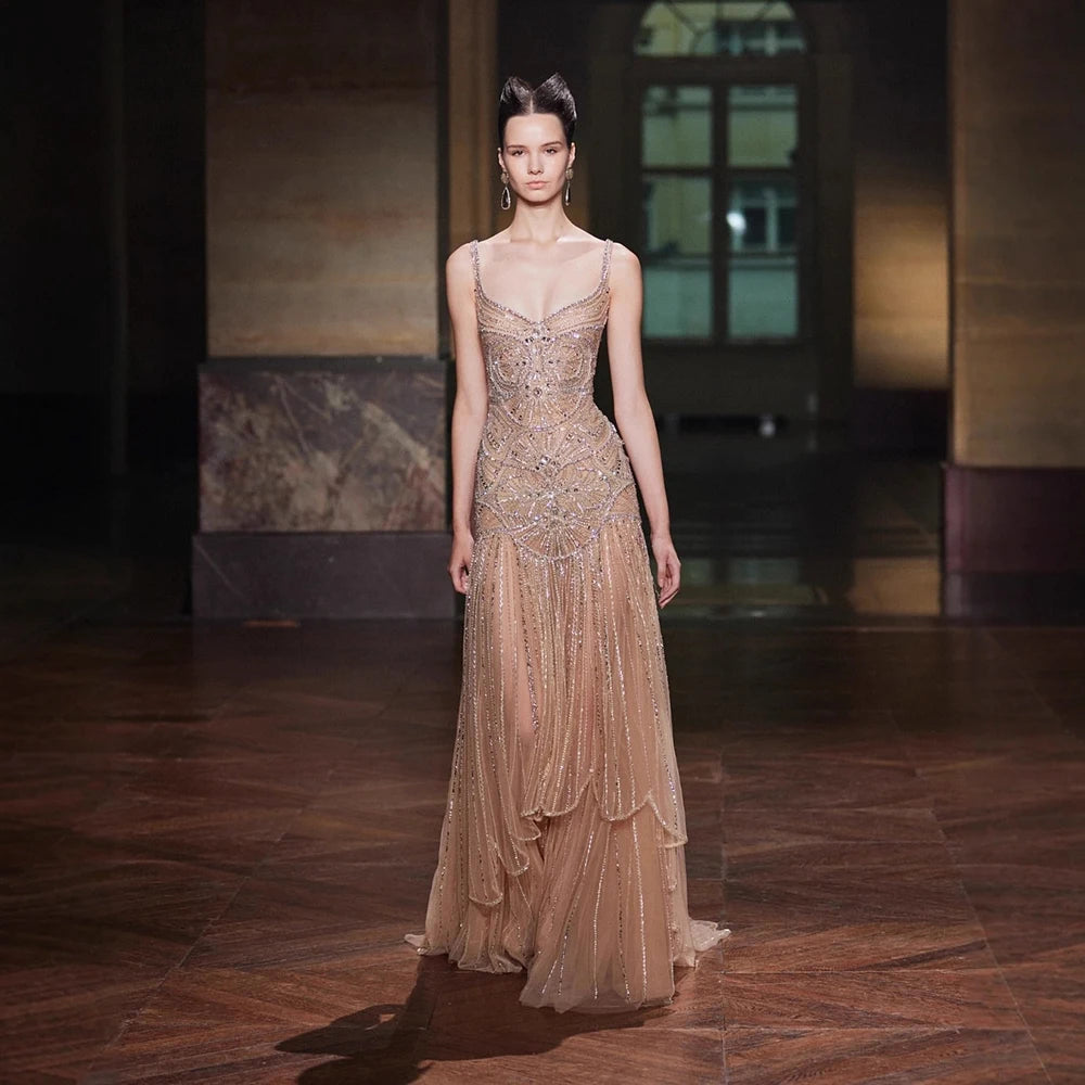 Serene Hill Customized 2026 Nude A-line Beaded Evening Dresses Luxury Party Gowns for Women DLA73189