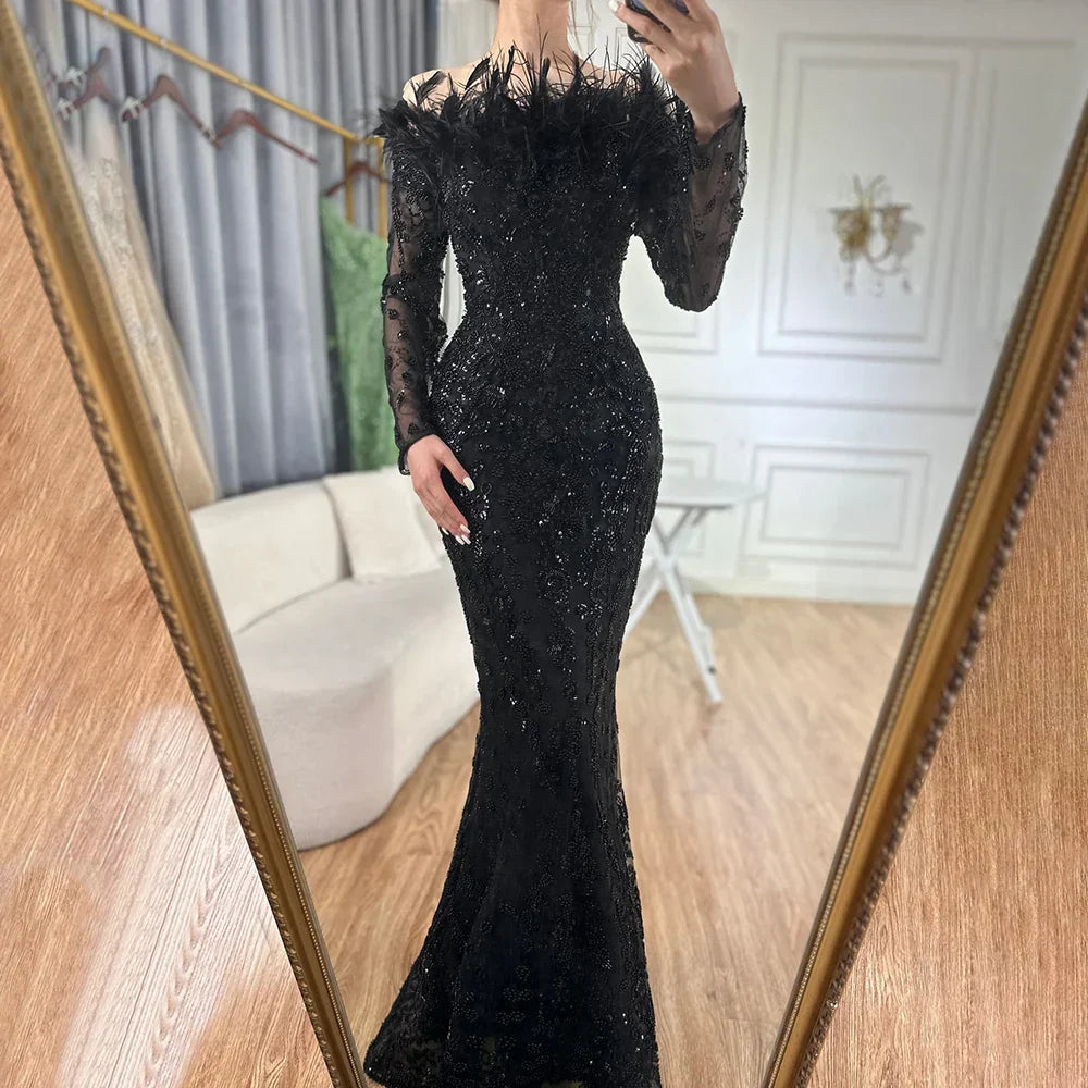 Abito da Sera di Lusso Dubai Verde Maniche Lunghe Piume Perline LA72553