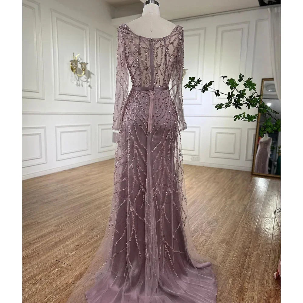 Serene Hill Customized Pink Long Sleeves Mermaid Split Beaded Two Pieces Evening Dresses 2025 Party Gowns For Women DLA71917