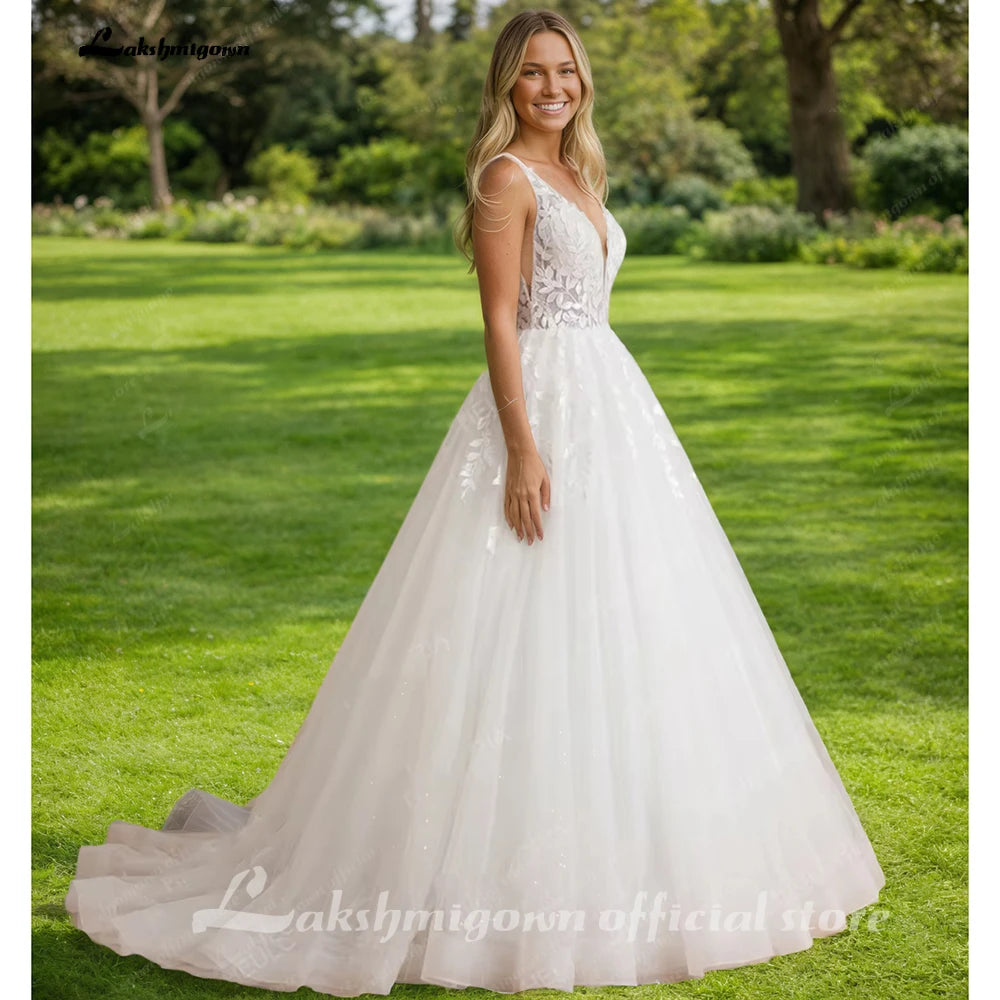 Lakshmigown V-Neck Wedding Dress with Beads Tassel Shoulders Illusion Long Bridal Dresses Lace Up Back Customized