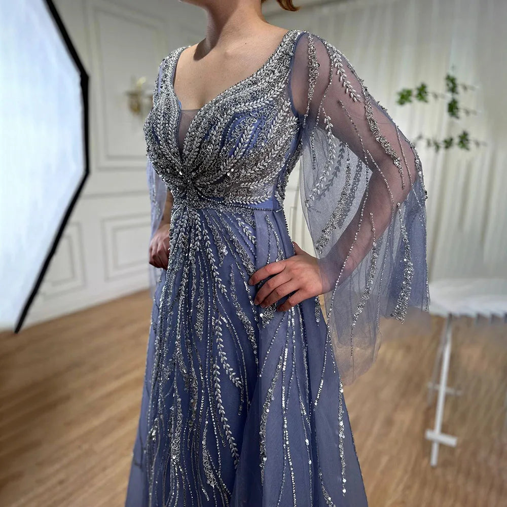 Serene Hill Customized Blue A Line Beaded Evening Dresses Arabic Wedding Party Formal Gowns 2024 For Women DLA72099 rts