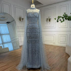 Serene Hill Dubai Blue Beaded Evening Dress with Cape Sleeves 2025 Formal Party Gowns for Women DLA72714A Customized