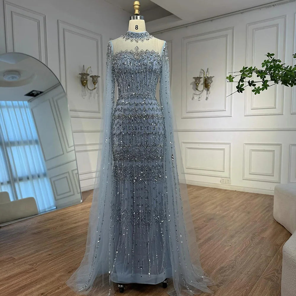Serene Hill Dubai Blue Beaded Evening Dress with Cape Sleeves 2025 Formal Party Gowns for Women DLA72714A Customized