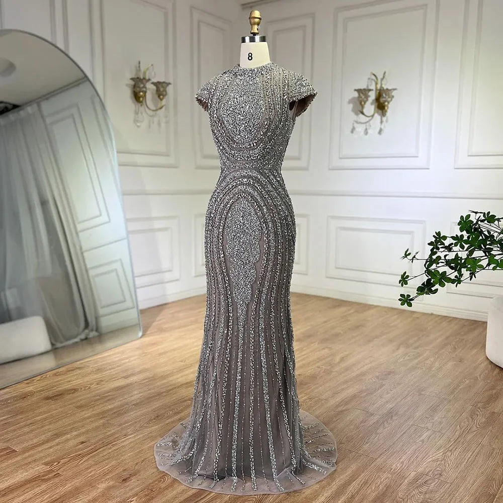 Serene Hill Gray Nude Cap Sleeves Mermaid Beaded Luxury Evening Dresses Formal Party Gowns for Women DLA72344 Customized