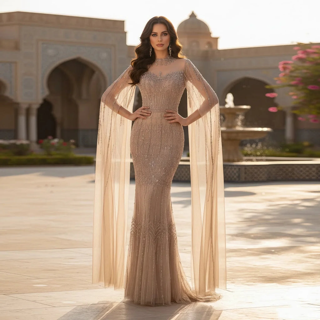 Serene Hill Customized Turquoise Beaded Mermaid Evening Dress with Cape Sleeves 2026 Formal Party Gowns for Women DLA72714AA