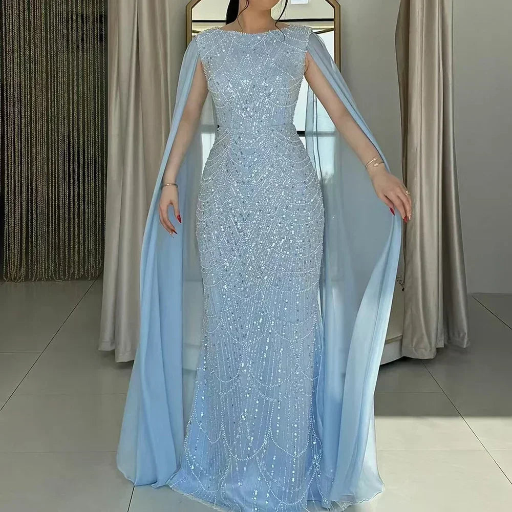 Elegant Dubai Sage Green Mermaid Evening Dress with Cape Sleeves Beaded Formal Gown Serene Hill 2025 Customized DLA72160A
