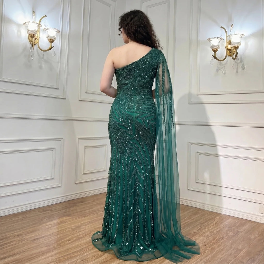 Serene Hill Customized Gold Mermaid Beaded One Shoulder Cape Sleeve Evening Dresses Split Elegant Party Gowns For Women DLA71493