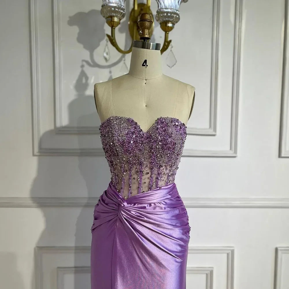 Serene Hill Customized Lilac Satin Split Strapless Mermaid Evening Dresses Beaded Party Gowns for Women Bridesmaid DLA72329