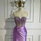 Serene Hill Customized Lilac Satin Split Strapless Mermaid Evening Dresses Beaded Party Gowns for Women Bridesmaid DLA72329