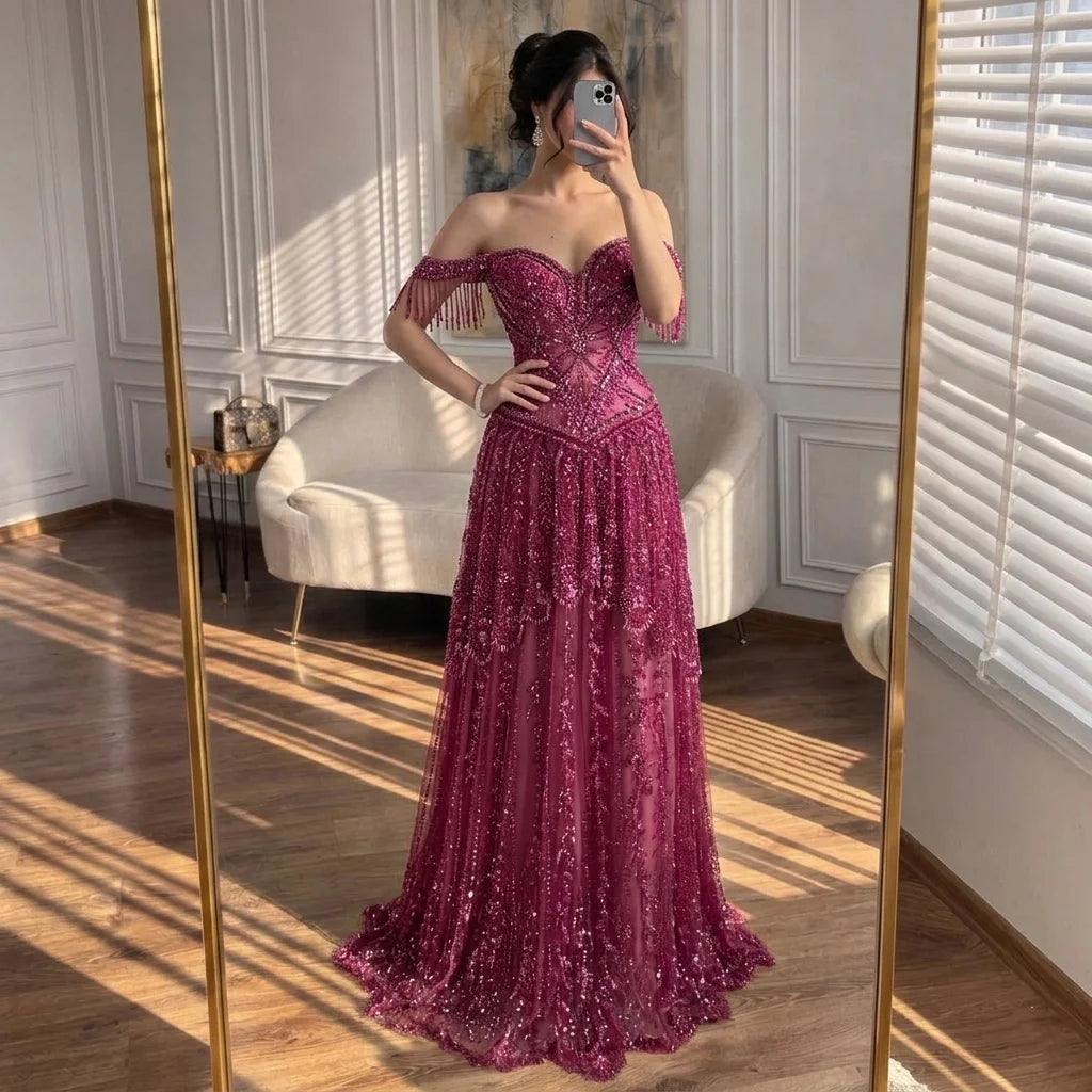 Serene Hill 2026 Off-Shoulder Fuchsia Beaded Evening Dress Elegant Wedding Party Gown for Women DLA73594 Customized
