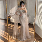 Serene Hill Caramel Pearl Beaded Illusion Mermaid Evening Gown 2026 Party Dresses with Sheer Cape DLA73148C Customized