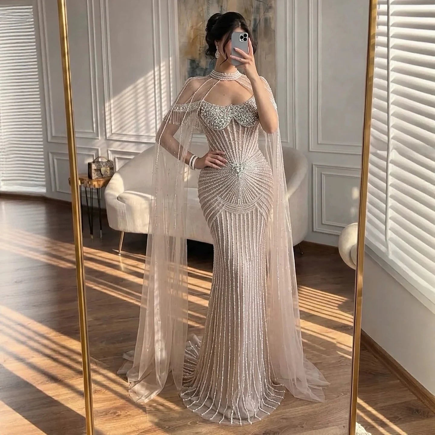Serene Hill Caramel Pearl Beaded Illusion Mermaid Evening Gown 2026 Party Dresses with Sheer Cape DLA73148C Customized
