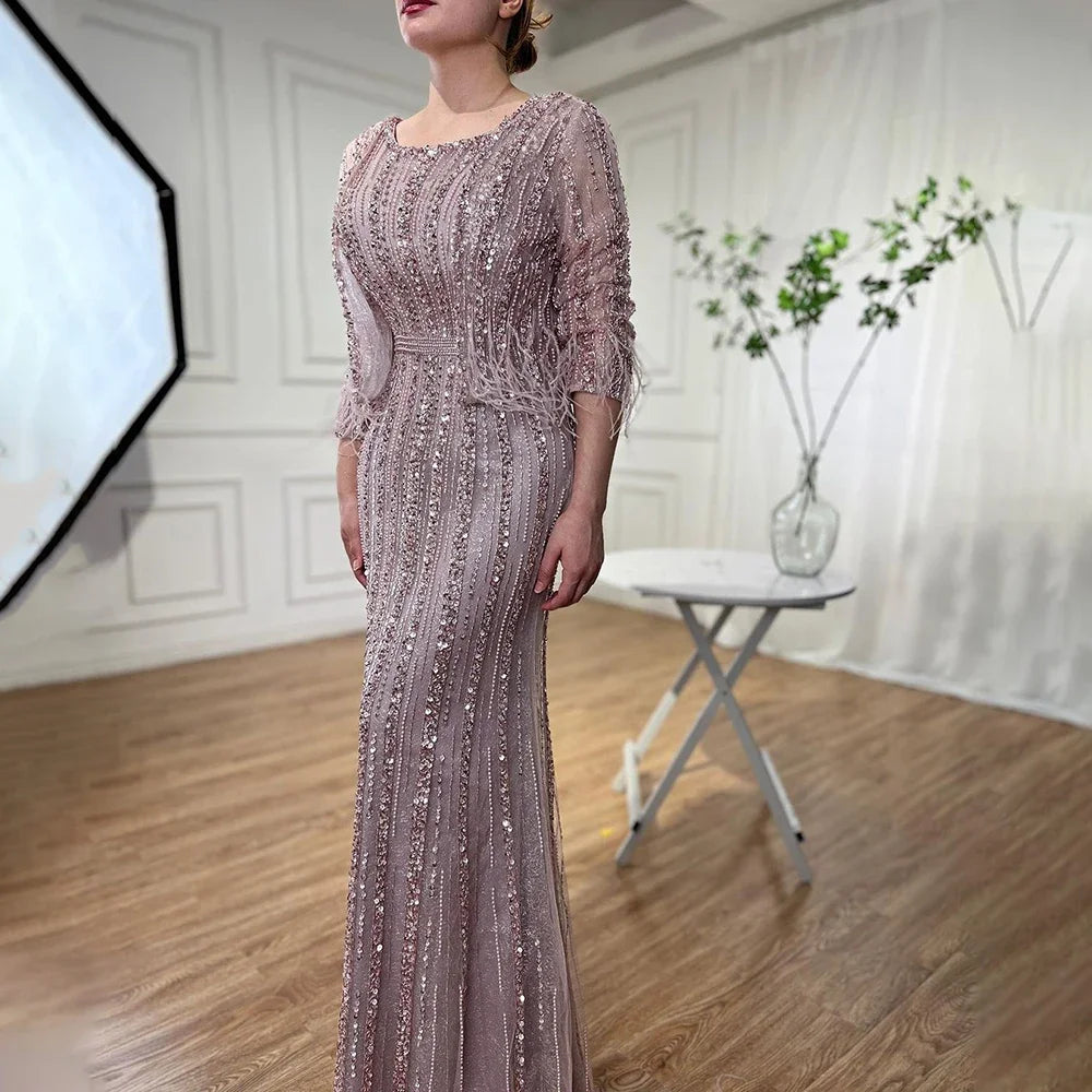 Serene Hill Customized Pink Mermaid Long Sleeves Two Piece Evening Dresses with Jacket Beaded Party Gowns For Women DLA70503