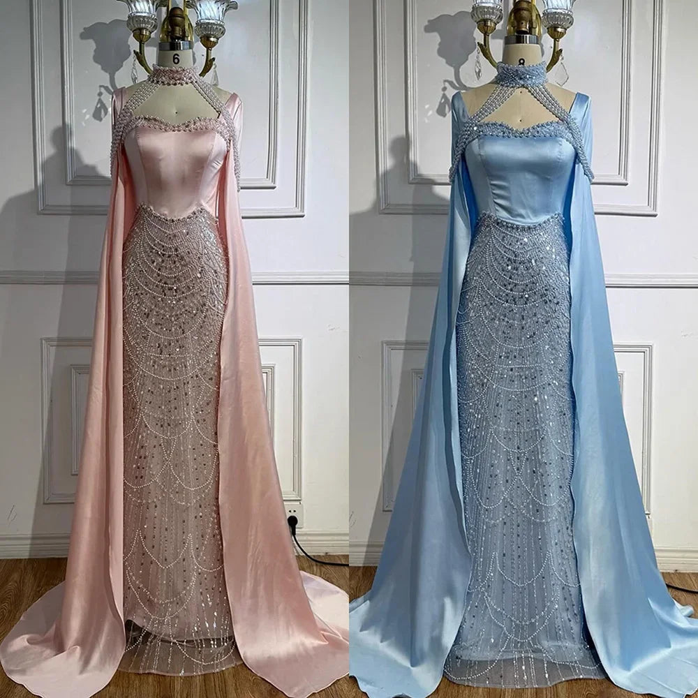 Serene Hill DLA73051 Pearls Beaded Blue Mermaid Evening Dress with Cape 2025 Elagent Party Gowns for Women Customized