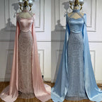 Serene Hill DLA73051 Pearls Beaded Blue Mermaid Evening Dress with Cape 2025 Elagent Party Gowns for Women Customized