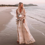 Customized Boho Lace Embroidered Long Sleeve Wedding Dress Deep V Neck and Flowy Lace Skirt for Beach Bridal Dress