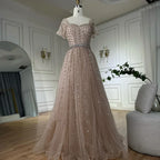 Serene Hill 2025 Customized Dubai Nude A-Line Beaded Backless Evening Dresses Gowns for Wedding Party DLA72834