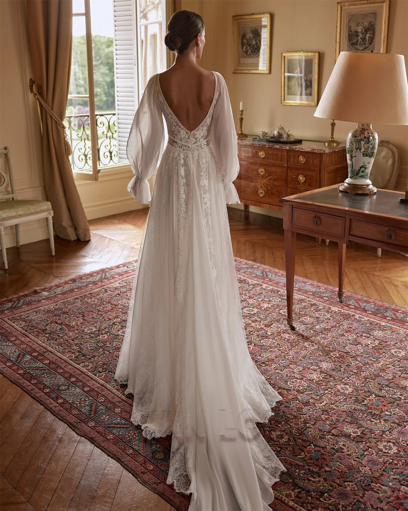 HERBURN Charming A-line Wedding Dresses for Women Bride Lace Appliques Illusion Puff Sleeves Backless Robe De Mariee Customized
